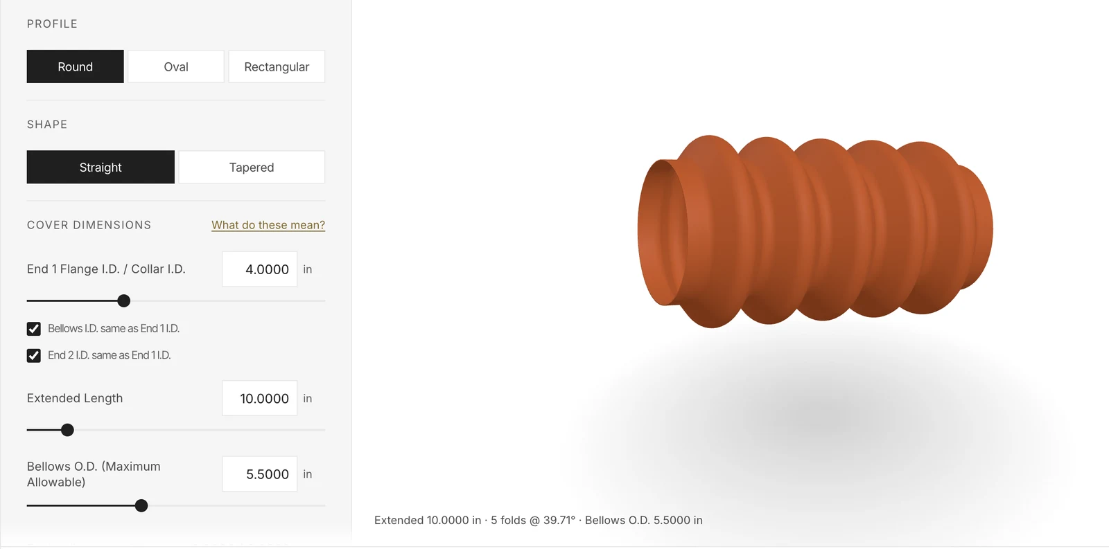The VendorCAD configurator for an enclosed shape bellows. Profile, shape and dimension controls sit on the left, and a 3D model of the bellows updates on the right.