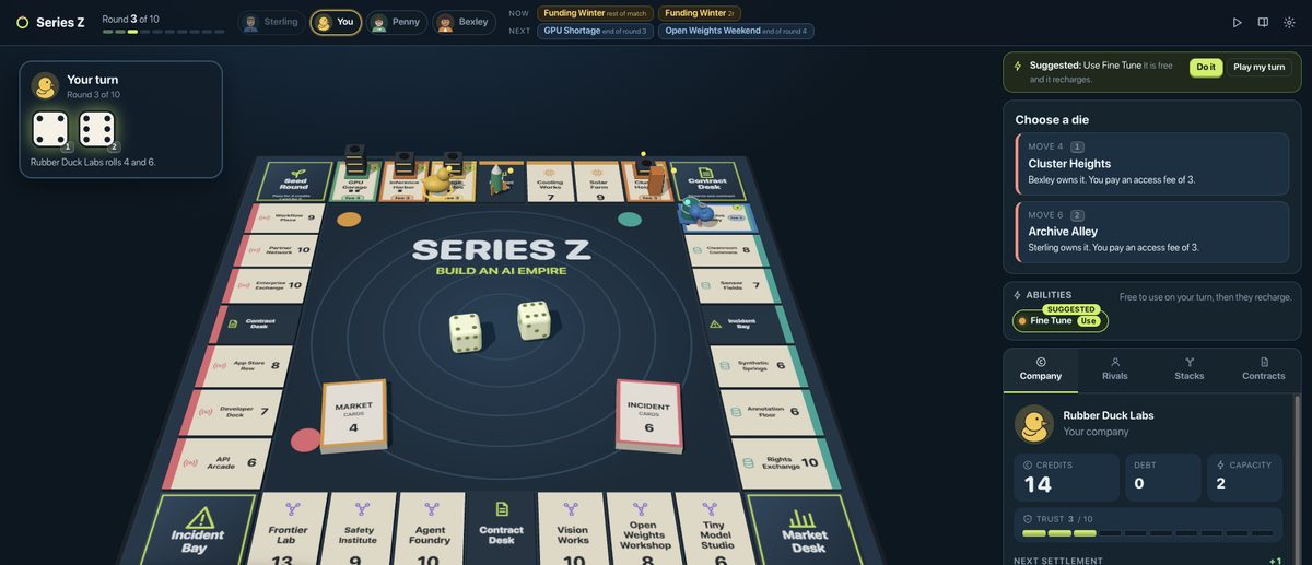 The Series Z board in 3D, with pieces on the track, buildings on owned spaces and a suggested move highlighted beside the dice.