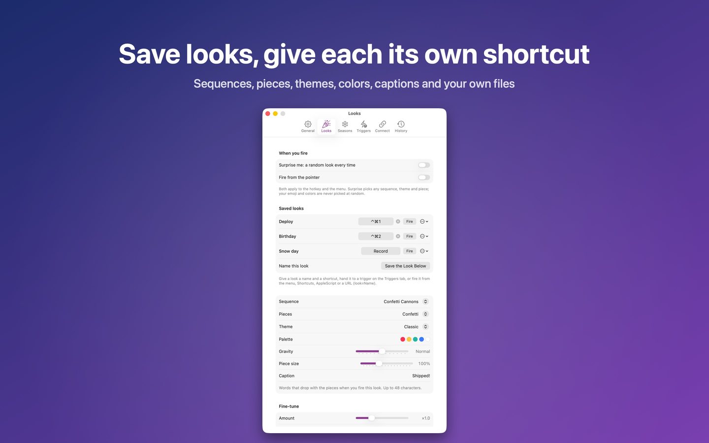 Os ajustes de Visuais com visuais salvos, cada um com seu próprio atalho