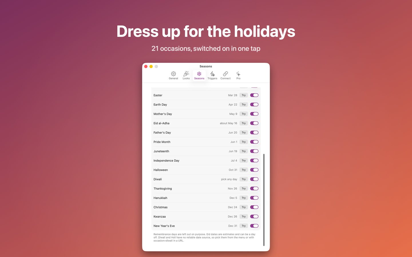 The Seasons settings listing 21 holidays to switch on