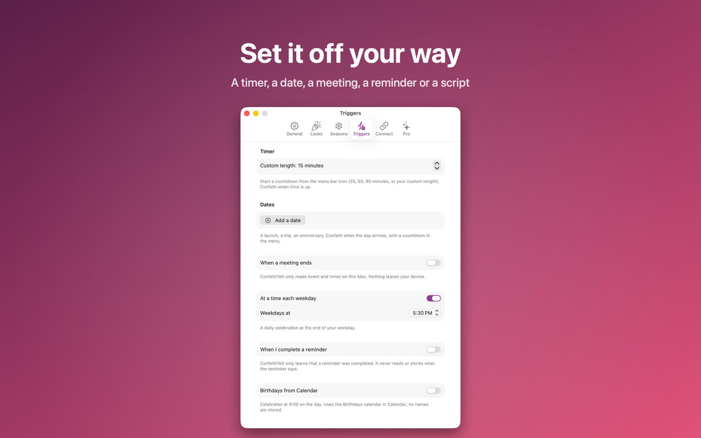 The Triggers settings for timers, dates and meetings