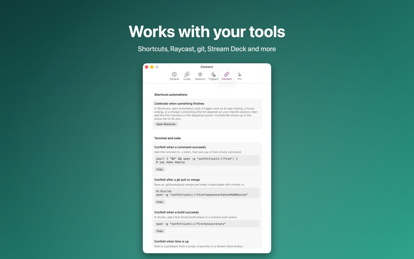 The Connect settings for Shortcuts, Raycast, git and scripts