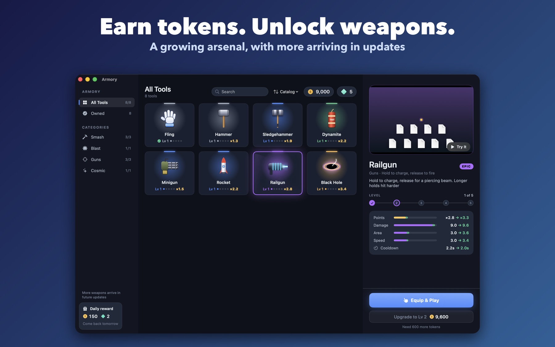 The Armory window showing eight weapons with levels and stats. Headline: Earn tokens. Unlock weapons.