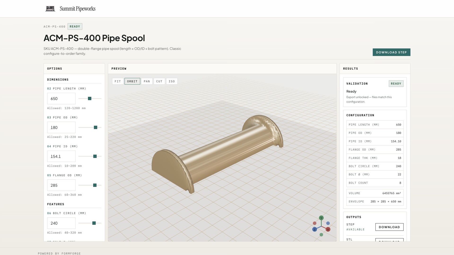 FormForge configure-to-order UI with live 3D pipe spool preview