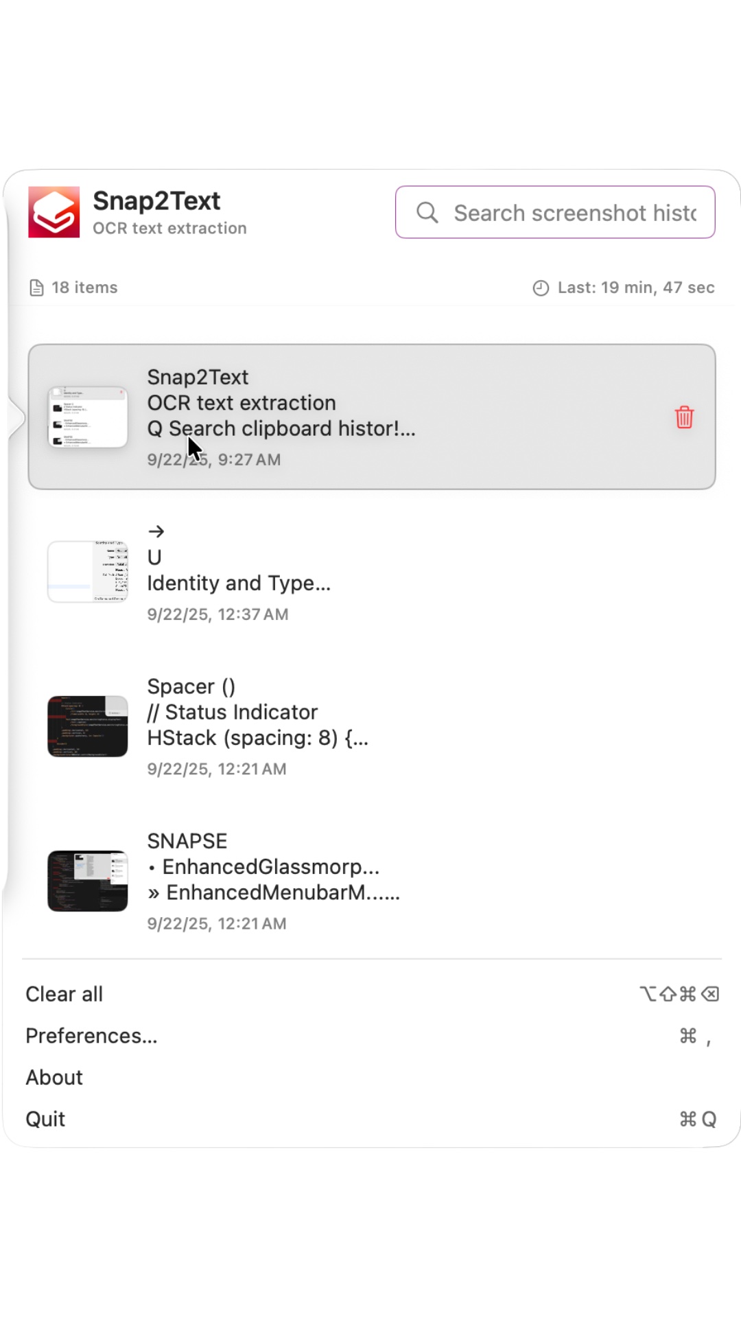 Snap2Text Mac app — on-device OCR capture, cleanup, and private history
