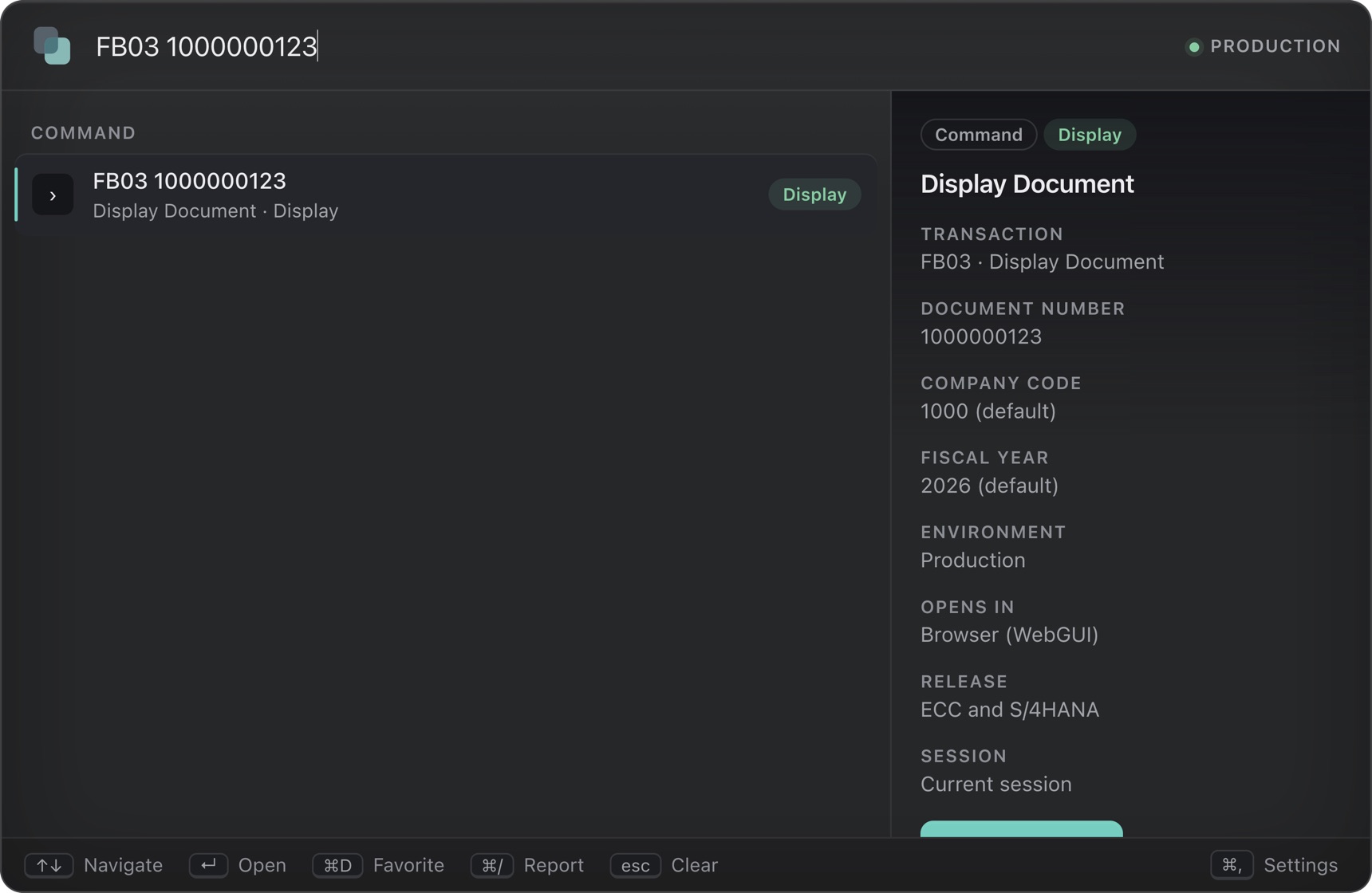 The palette after typing FB03 1000000123. The document number is shown, with the company code 1000 and fiscal year 2026 marked as defaults.
