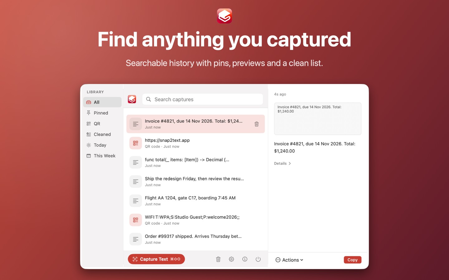The Snap2Text history window: a searchable list of captured text and QR codes with a preview on the right.