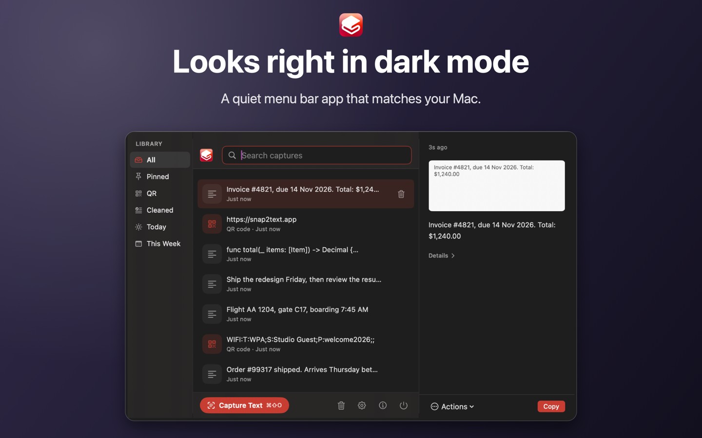 The same history window in dark mode.