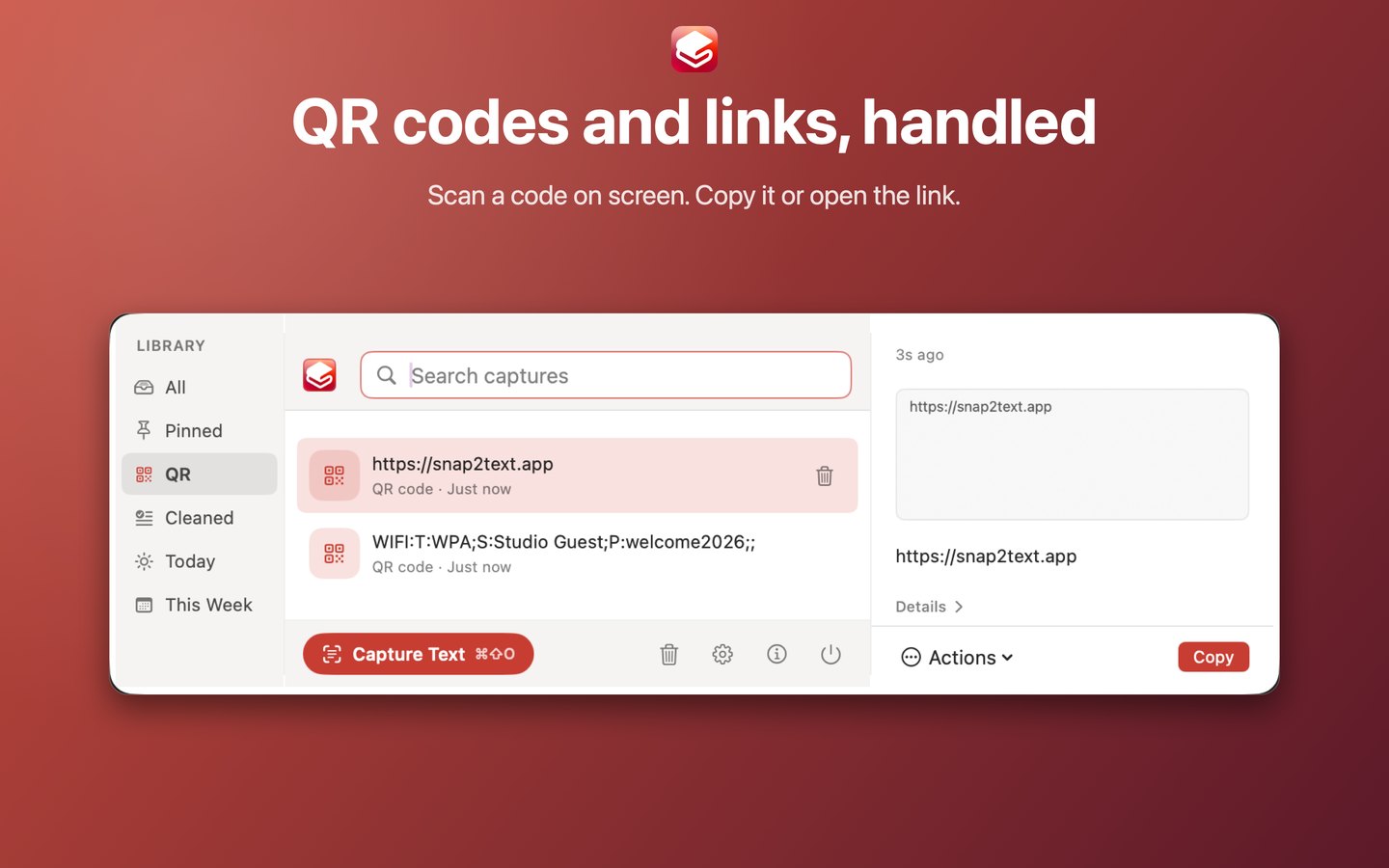 Snap2Text history filtered to QR codes, showing a link and a Wi-Fi code with a Copy button