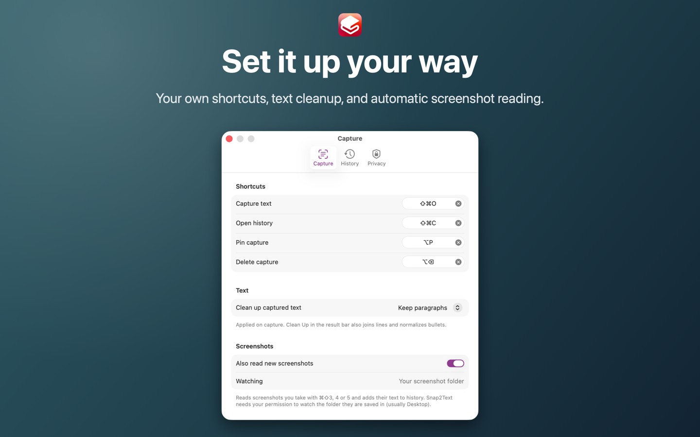 Capture settings: shortcuts, text clean up and automatic screenshot reading.