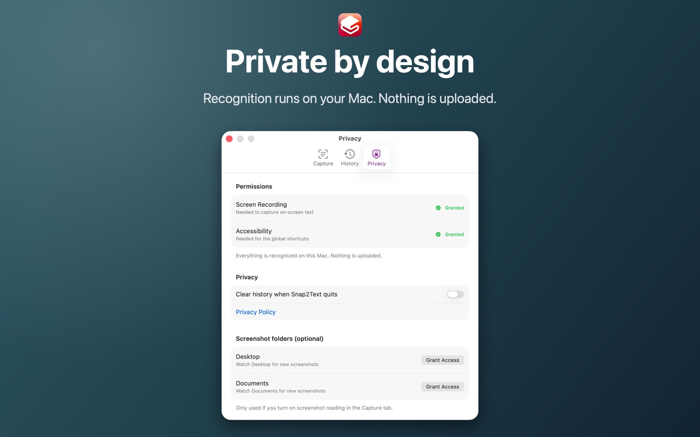 Privacy settings showing Screen Recording and Accessibility granted, and the note that recognition runs on the Mac and nothing is uploaded.