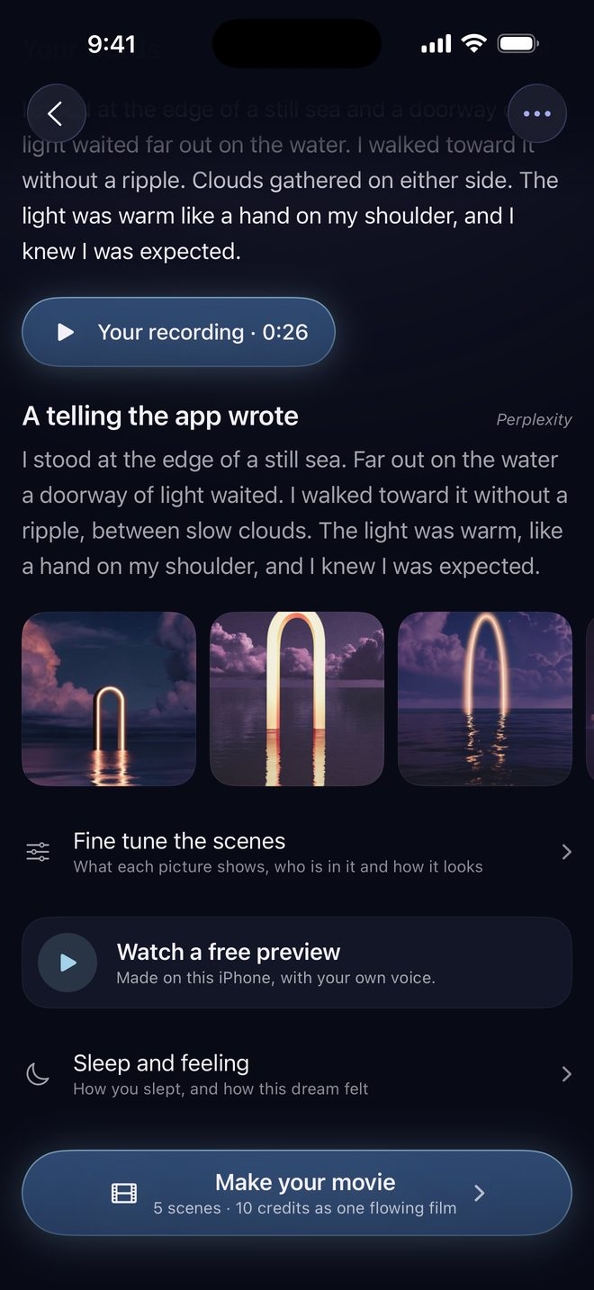 A dream page: the dreamer's own words, a recording to play back, the telling the app wrote, the pictures, a free preview, and a button that makes the flowing movie with its price