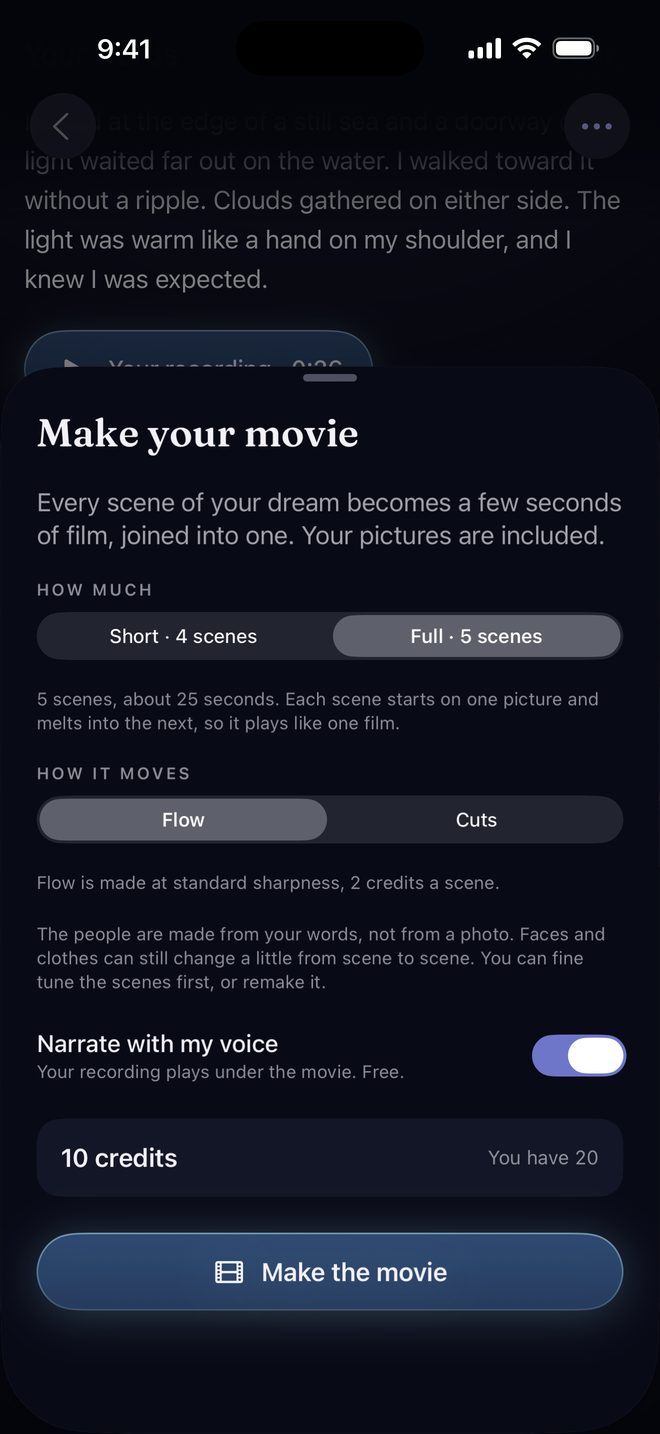 Make your movie: Flow or Cuts, a taste, a short or a full cut, a switch to narrate with your own voice, and the price in credits before you tap