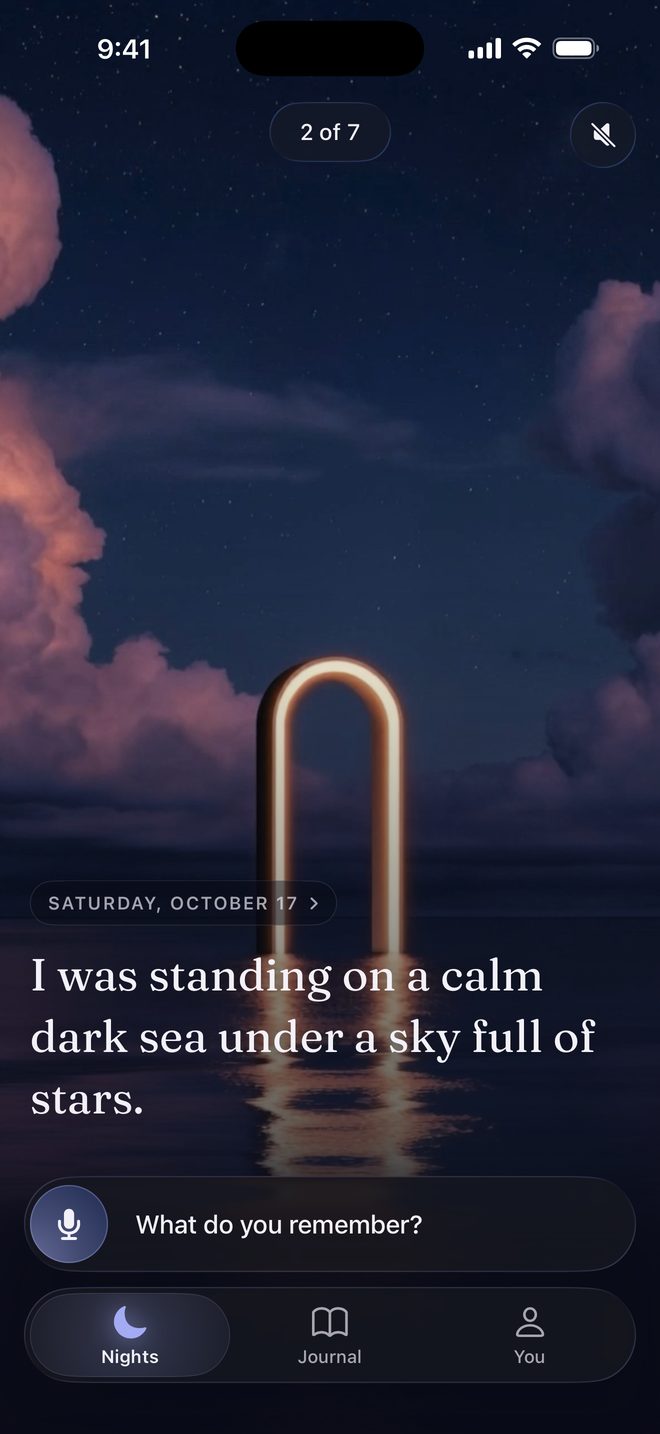 The Nights screen: a night's picture full screen, with the dream's first words over it and a microphone to say the next one