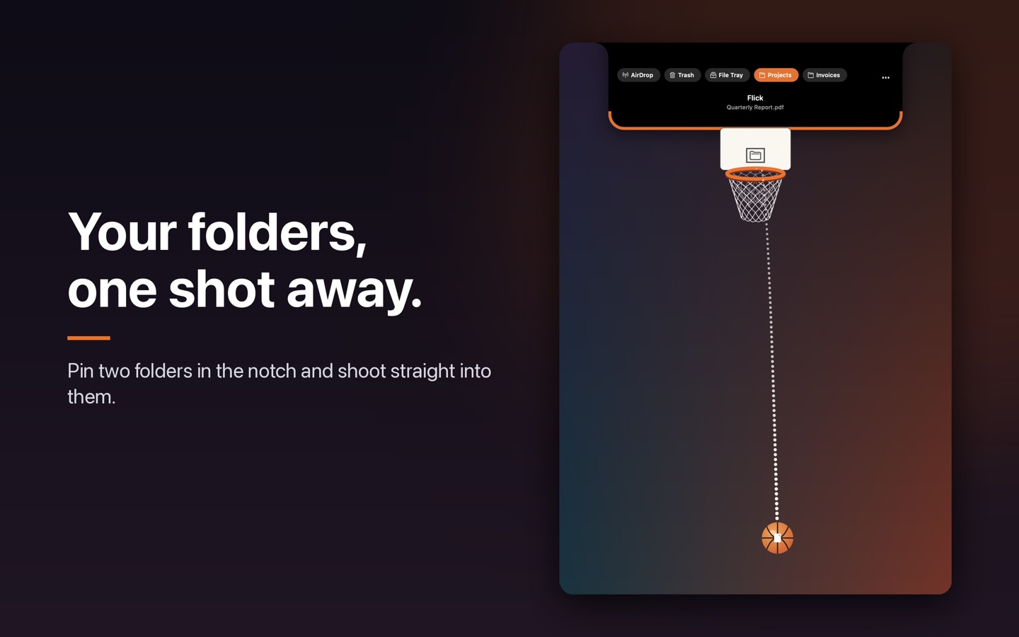 Two pinned folders as buttons in the notch beside AirDrop, Trash and File Tray.