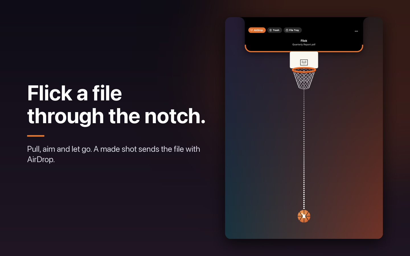 The Swish Notch court: a basketball hoop hangs from the Mac notch with AirDrop selected, and a dotted line shows a straight shot. Headline: Flick a file through the notch.