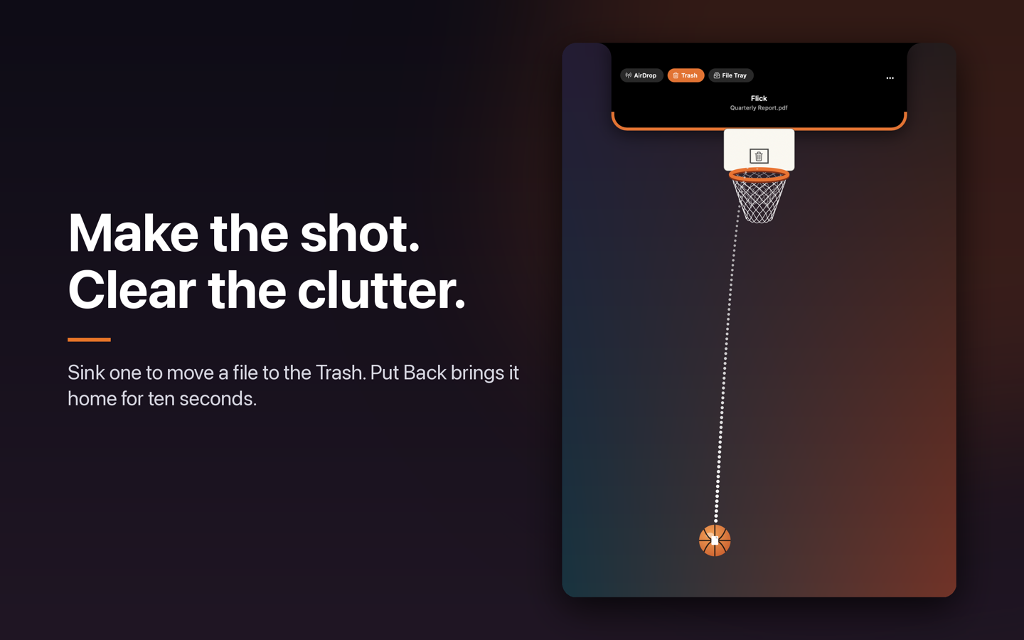 Swish Notch with Trash selected and the shot lined up. Headline: Make the shot. Clear the clutter.