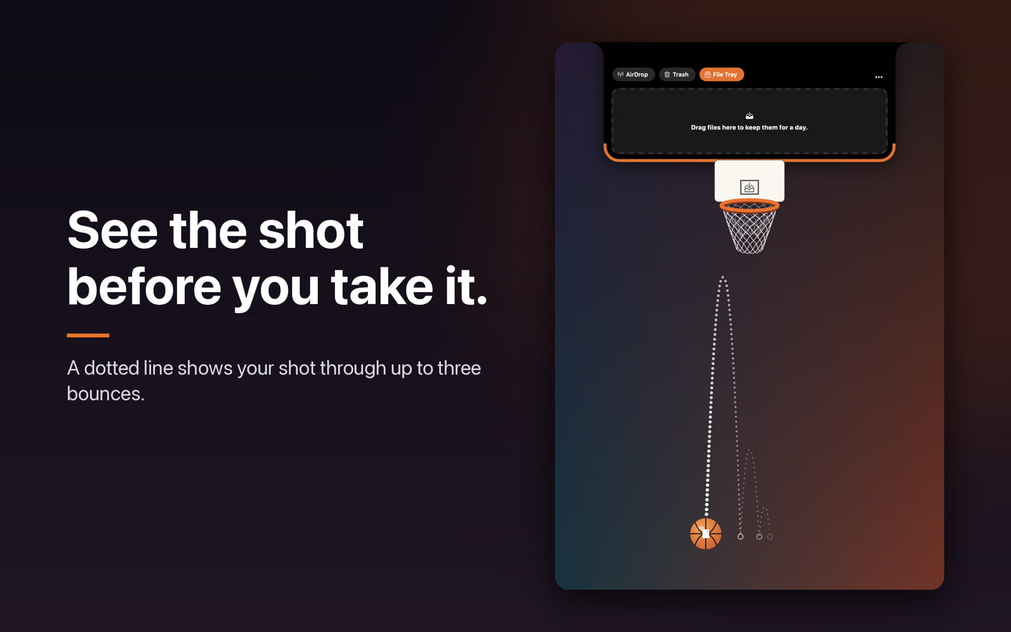 A dotted shot line bouncing off the screen edge before reaching the hoop. Headline: See the shot before you take it.