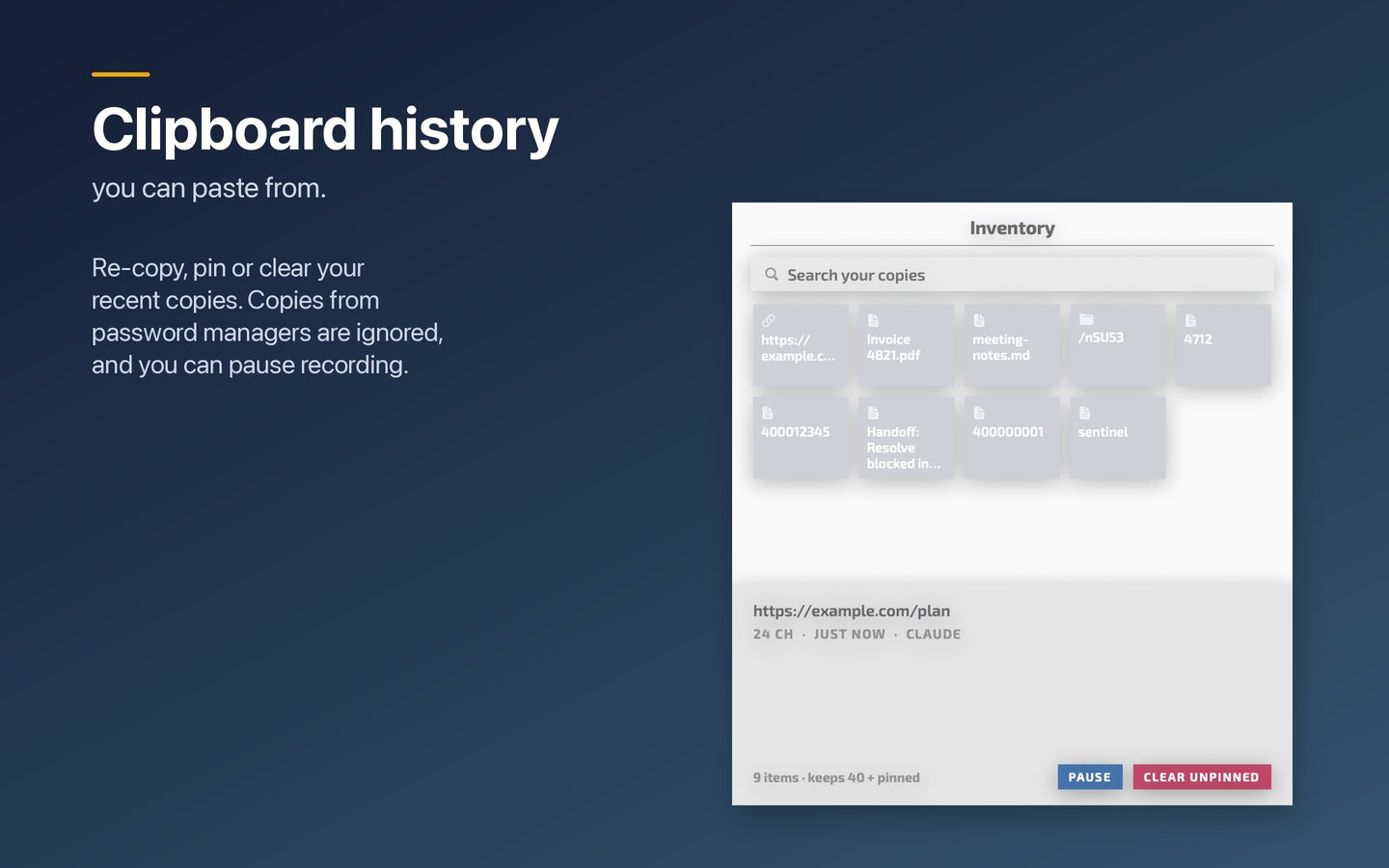 Clipboard history with search, pinned items and a pause button