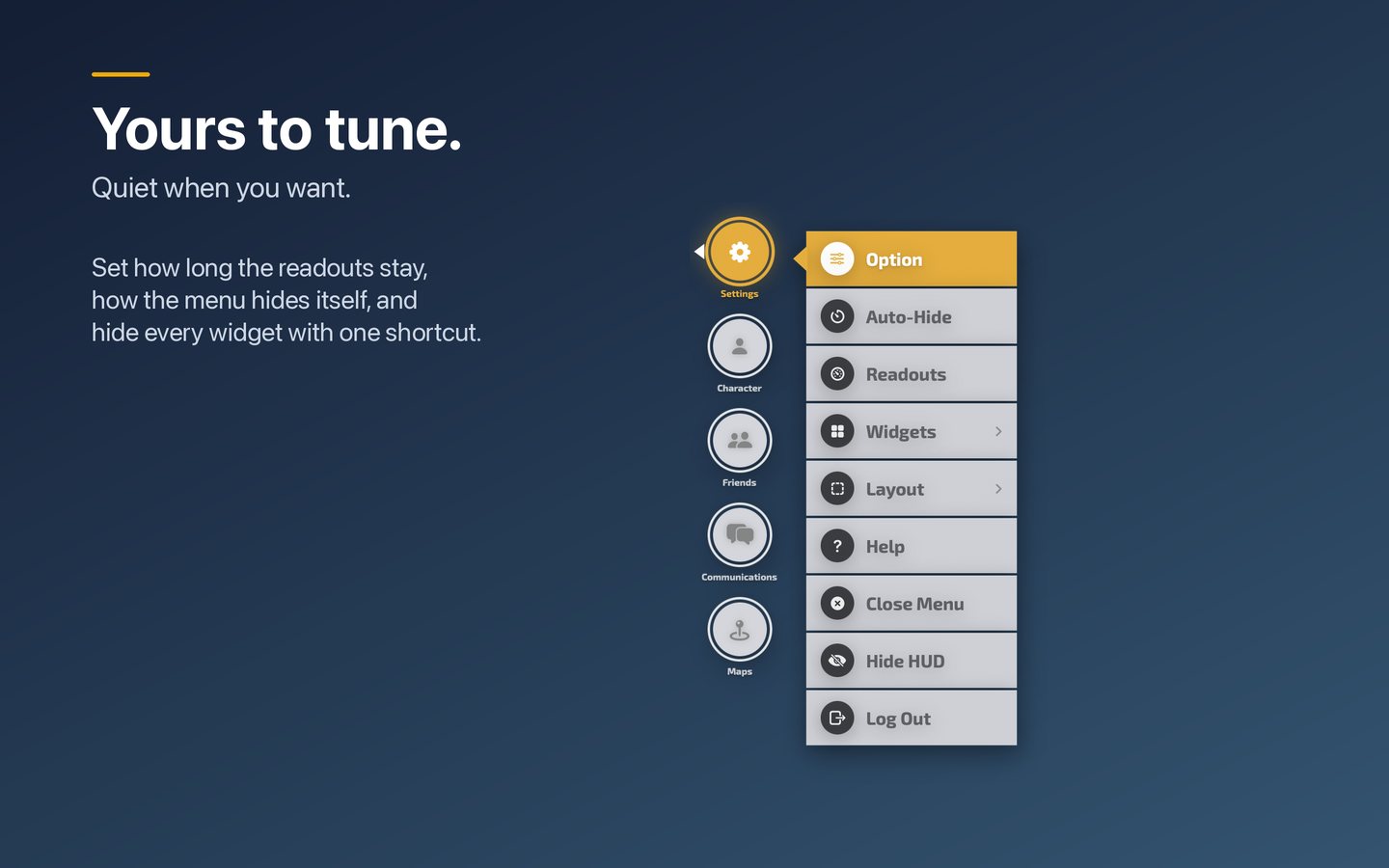 The Settings menu with Option, Auto-Hide, Readouts, Widgets and Layout