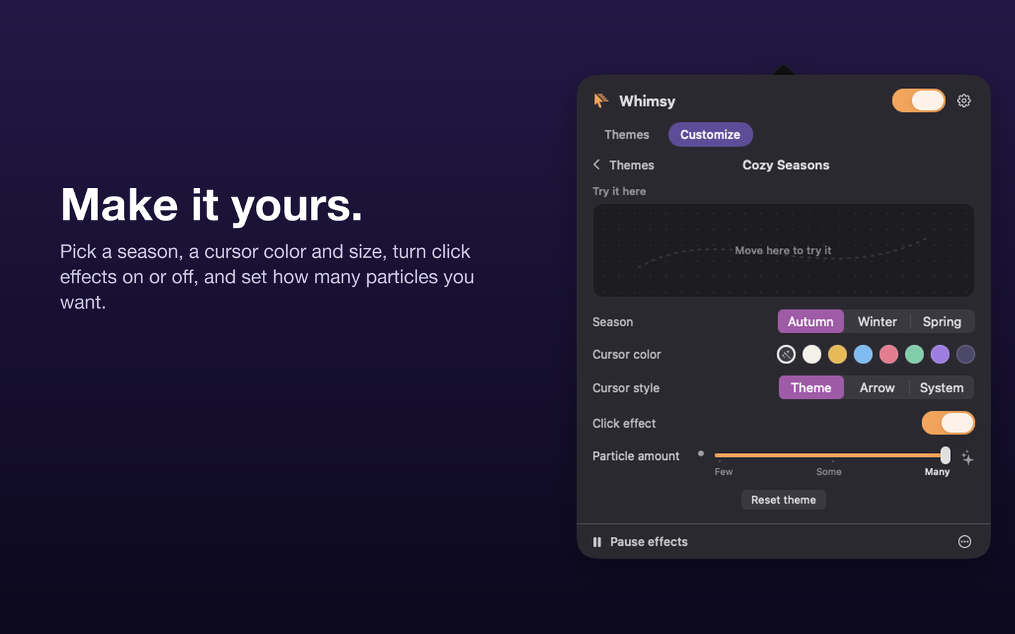 The Customize page with a season picker, cursor colors, cursor style, click effect and particle amount.